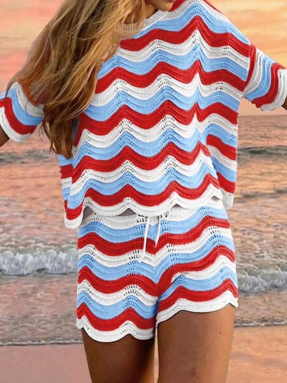 Multicolor Hollow Crochet Knit Women's Short Sleeve Top & Shorts Set